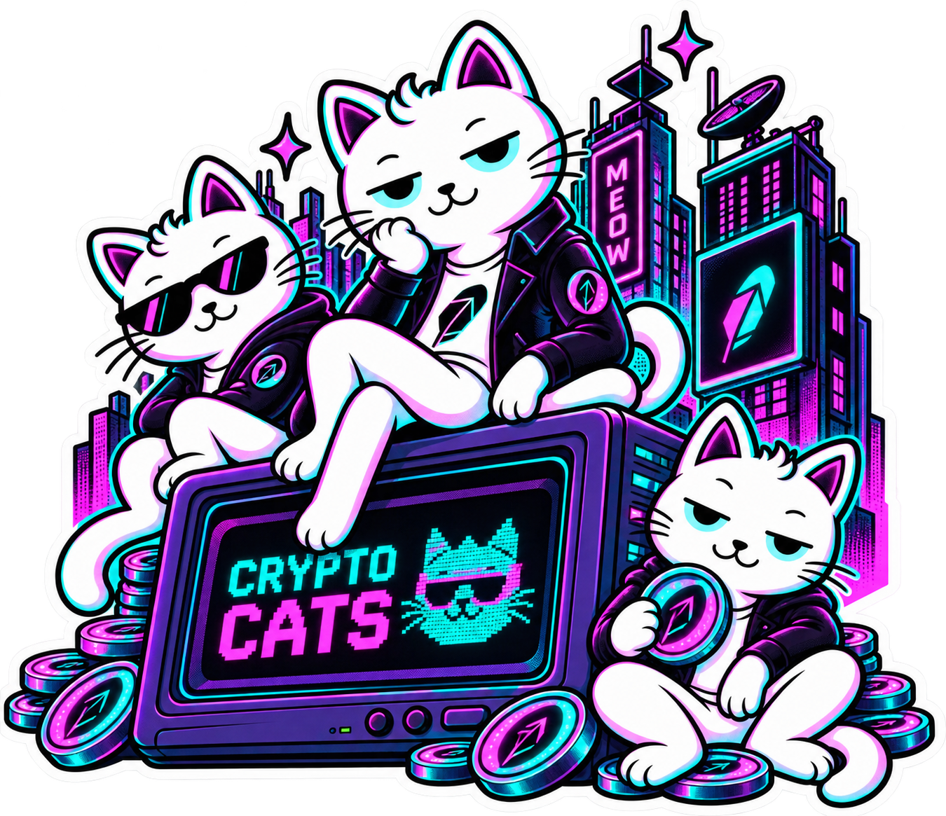 The Crypto Cats mascots lounging on a retro TV displaying the campaign wordmark, in front of a neon city skyline