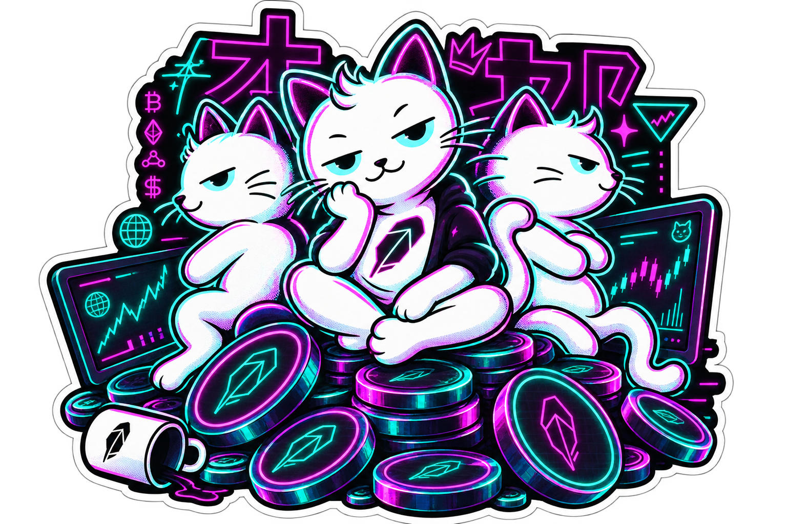 The Crypto Cats mascots, sitting on a pile of coins in front of trading screens