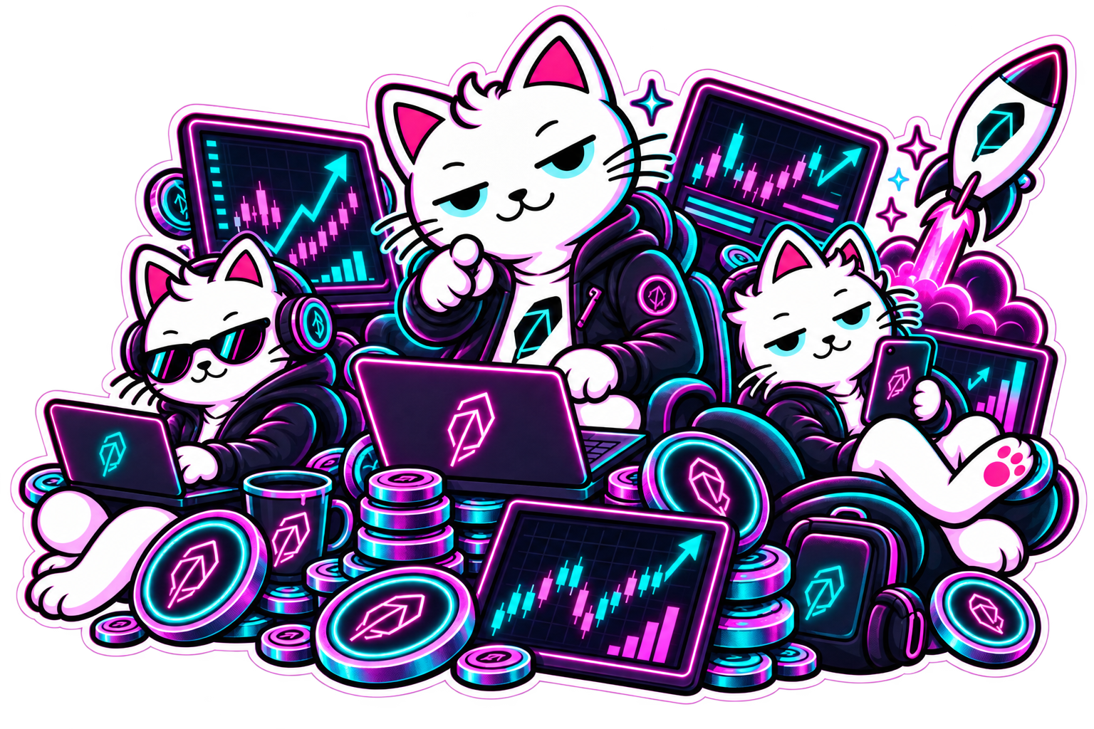 The Crypto Cats mascots trading at their laptops, surrounded by coins, charts, and a launching rocket