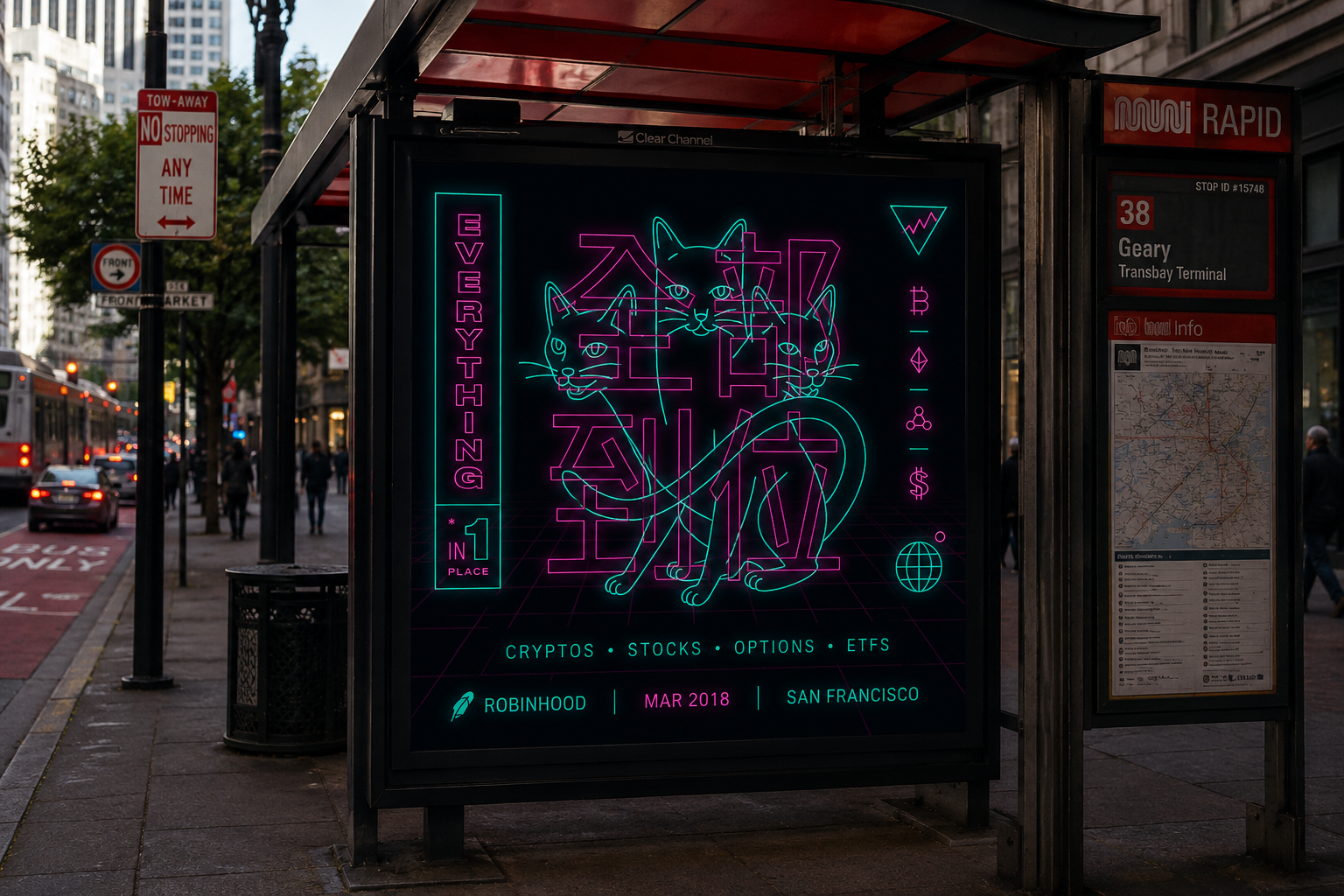 Reconstruction of the Crypto Cats artwork on a San Francisco MUNI transit shelter